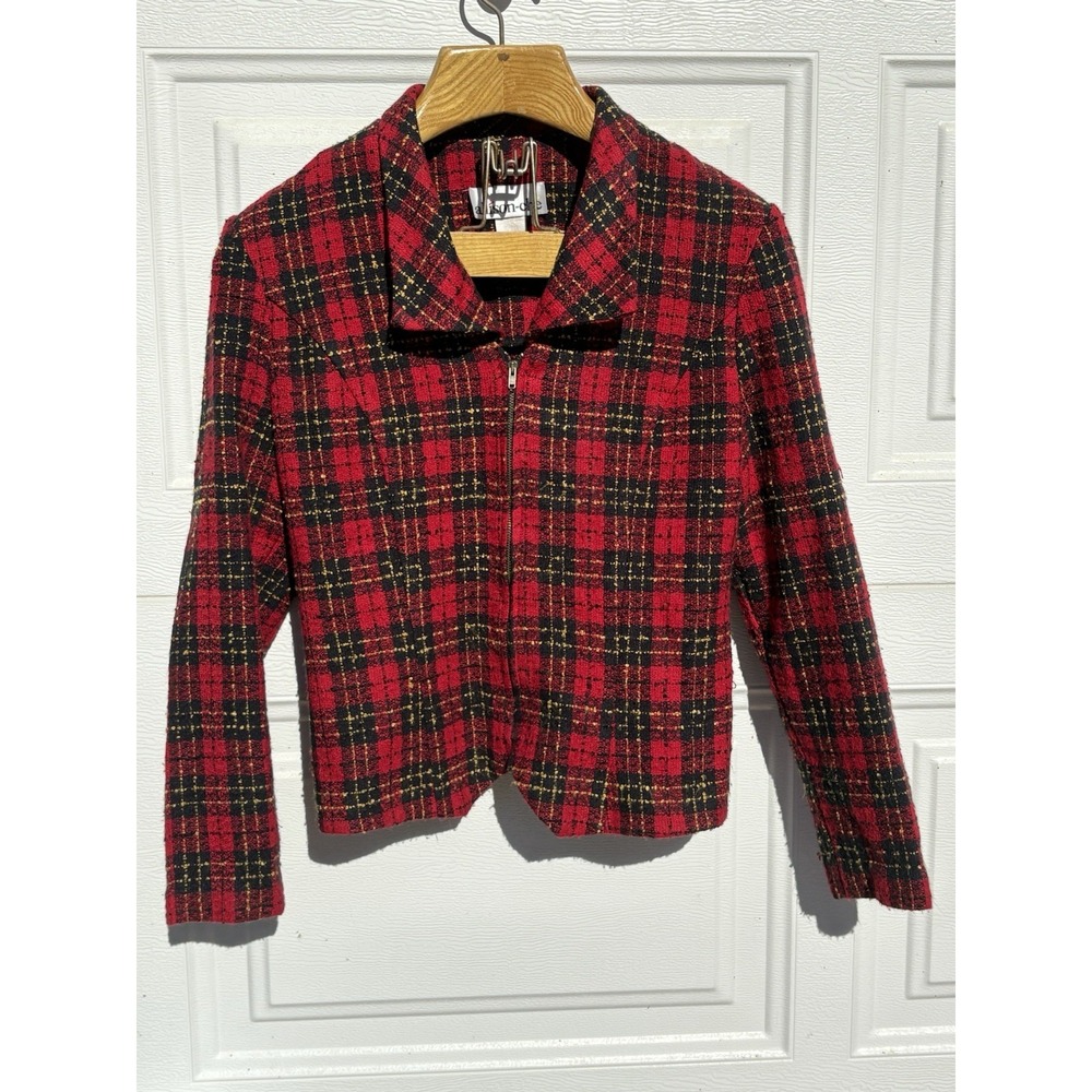 Vintage Red Tartan Plaid Blazer Womens 10 Zip Up Classic Preppy Academia Holiday
